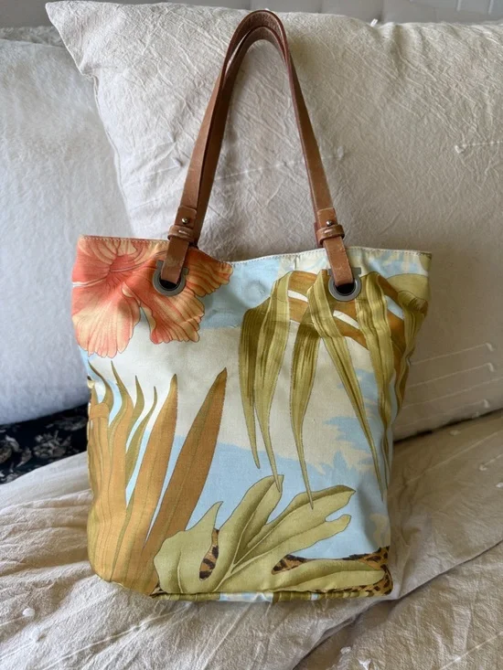 Salvatore Ferragamo Leopard & Leaf Print Canvas Tote in Blue, Gold and Brown - Picture 3 of 10